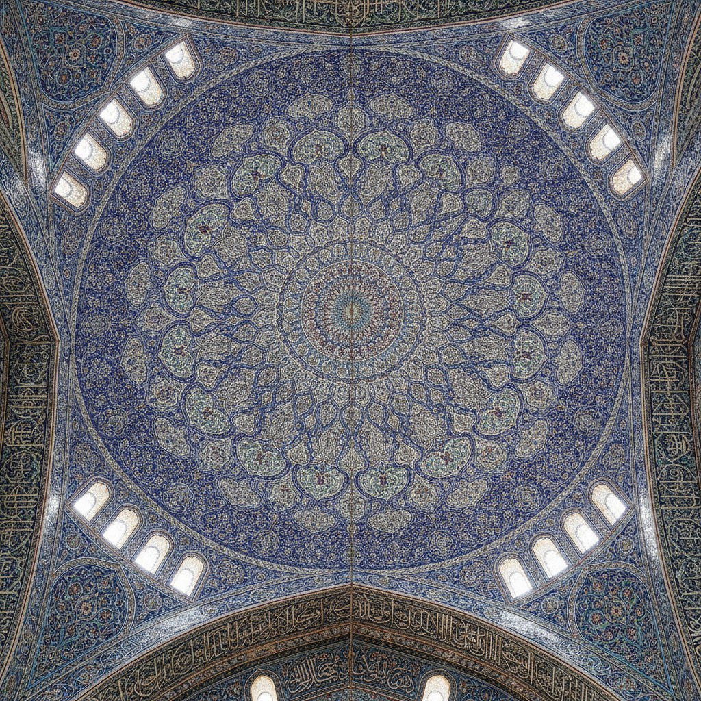 Cami kubbe göbeği için hatai desenli, merkezî rozetli büyük çini pano