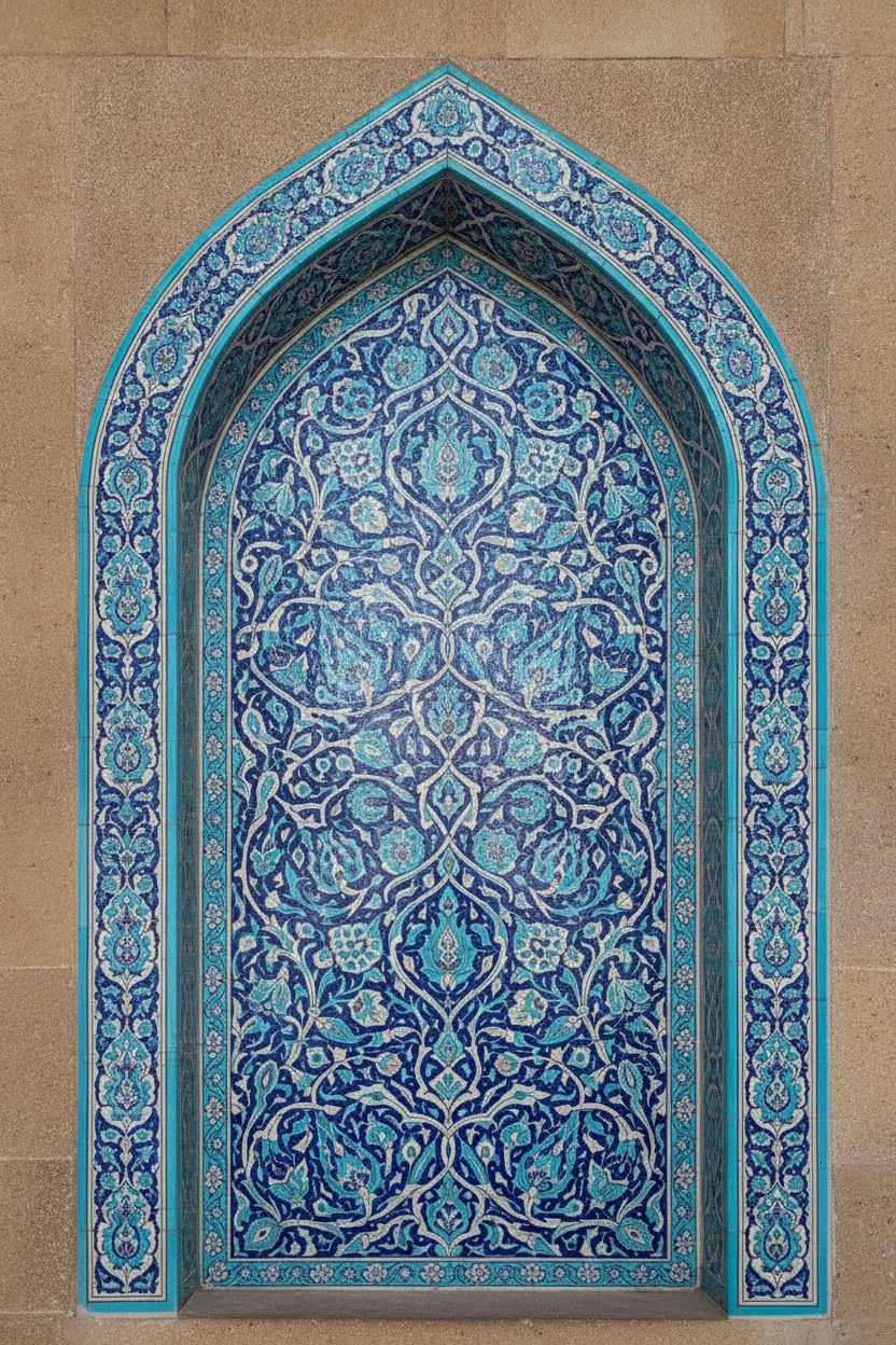 Bir cami için elde boyanmış firuze ve kobalt mavisi mihrap çini panosu, zeminden kubbeye yükselen sivri kemer kompozisyonu